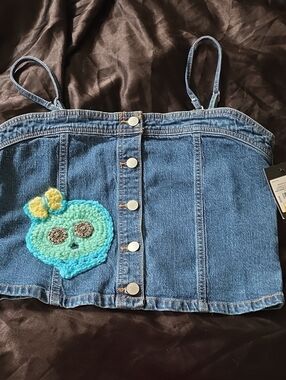 art class Blue Denim Button-Front Tank with Turquoise Crochet Patch
